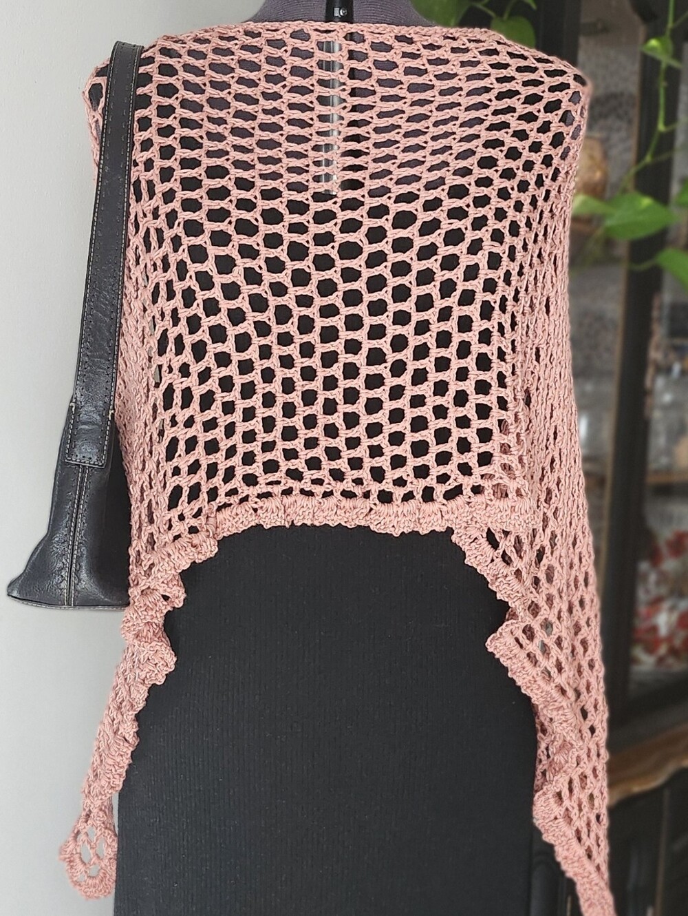 Crocheted Poncho Top Open-Knit Pink Shrug Poncho Sweater Lettuce Hem